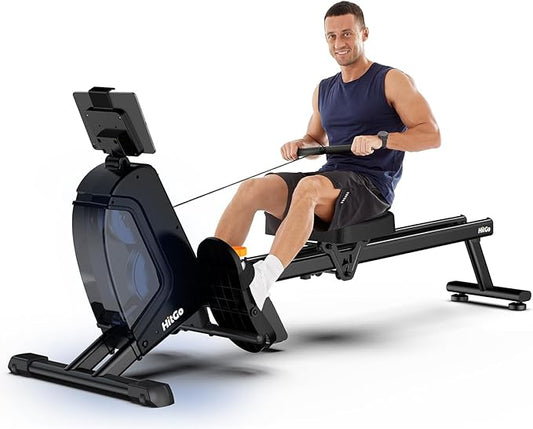 Magnetic Rowing Machine for Home Use, Foldable Rower with 32 Levels of Silent Resistance, LED Light Effects, Compact Dual Slide Rail, Max 350lb Capacity, Bluetooth & App Compatible
