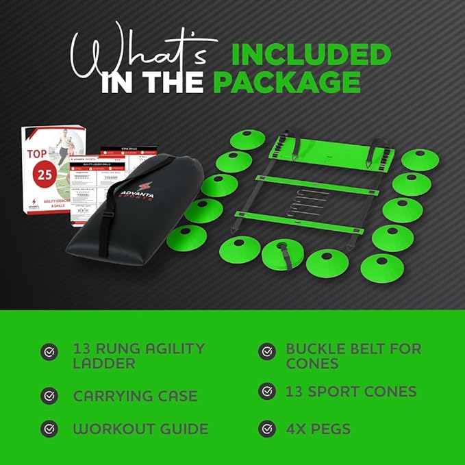 DELUXE EDITION Agility Ladder Training Set - 13 Rung 21ft Agility Ladder w/13 Disc Cones, Carry Bag - Improve Speed & Strength Soccer, Football, Basketball w/4 Steel Pegs for Outdoor Workout Charts