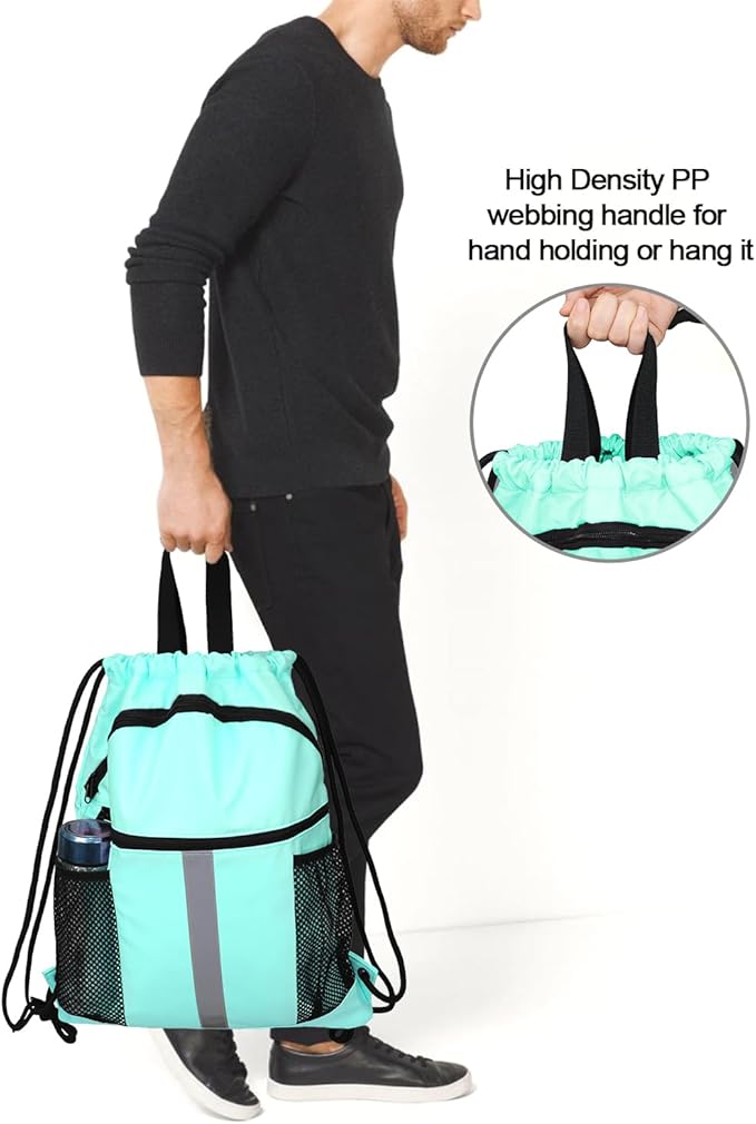 BeeGreen Drawstring Backpack Bag with Shoe Compartment, X-Large Black Gym Sports String Cinch Backpack