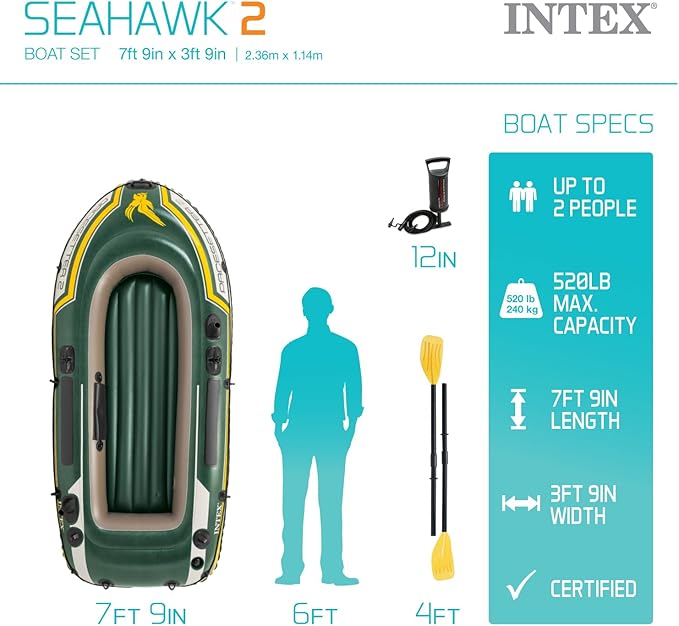 INTEX Seahawk Inflatable Boat Series: Includes Deluxe Aluminum Oars and High-Output Pump – SuperStrong PVC – Fishing Rod Holders – Heavy Duty Grab Handles – Gear Pouch