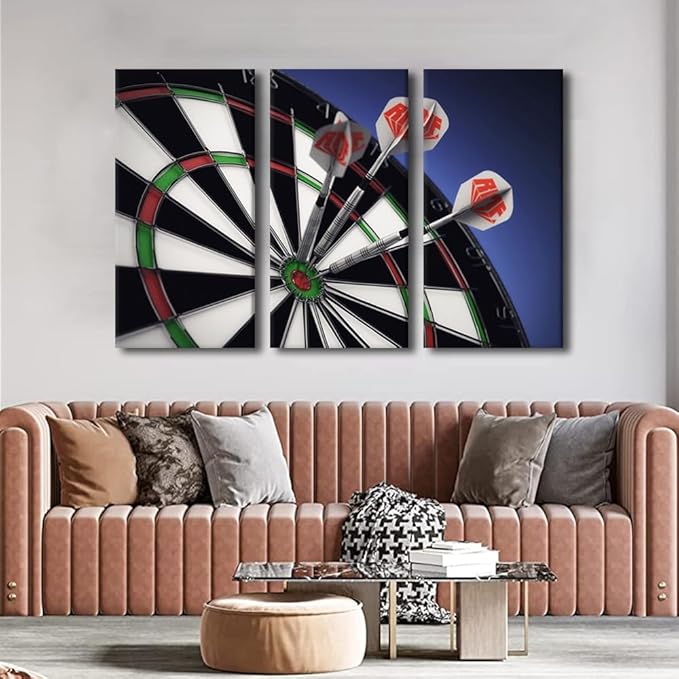 3 Pieces Black and White Wall Art Dart Plate Painting Artwork Dart Hits the Bullseye Canvas Pictures Print Contemporary Wall Art for Bar Club Living Room Stretched Framed Ready to Hang(28"Wx42"H)