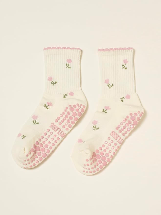 Crew Half Calf Grip Socks, Cutest Fruits Pilates Socks, Ruffle socks, Non-Slip, Barre Yoga Fitness