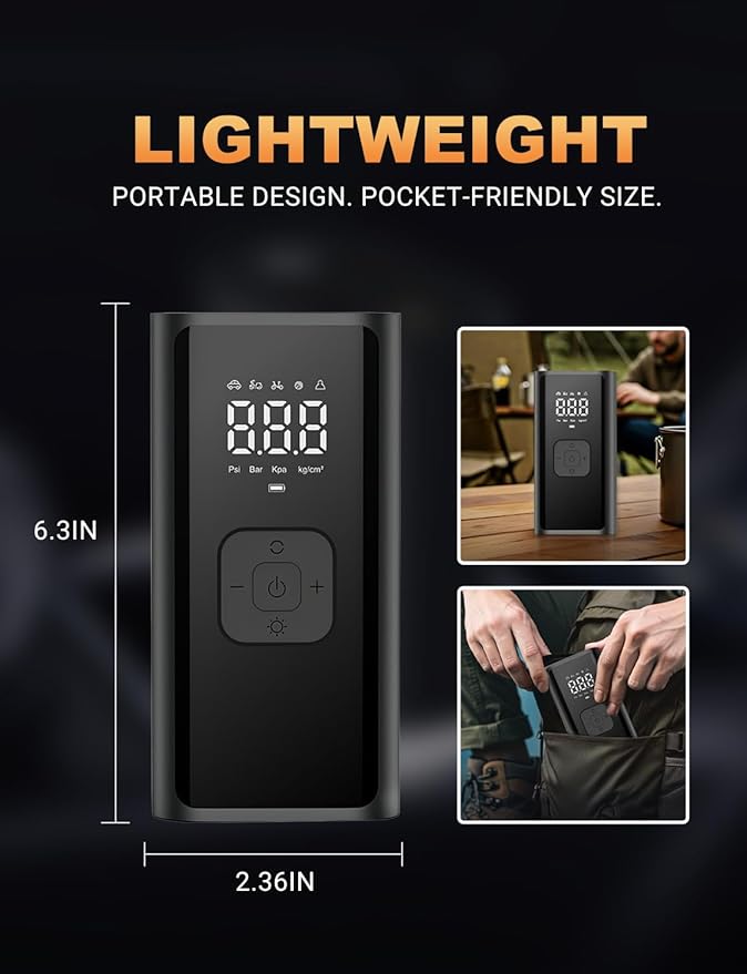 Tire Inflator Portable Air Compressor, 150 PSI Cordless Air Pump with Digital Pressure Gauge Auto Shutoff LED Lights for Cars Motorcycles Bikes Balls