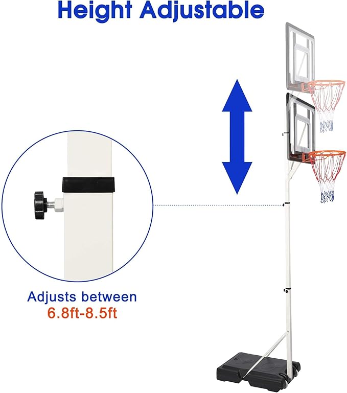 COLOR TREE Portable Basketball Hoop for Kids and Family - Indoor and Outdoor Basketball Goal System Height Adjustable 5ft to 6.8ft / 6.8ft to 8.5ft, 32in Backboard Basketball Stand with Wheels
