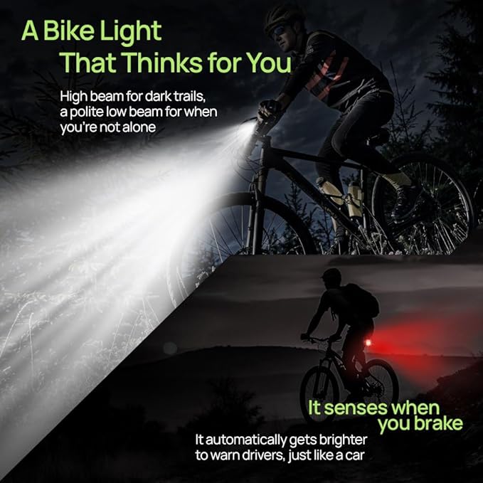 Bike Lights Kit Front and Back, USB C Rechargeable with Auto Brake Sensing, Waterproof Bicycle Headlight & Tail Light Set for Night Riding, Long Battery Life for Cycling Safety