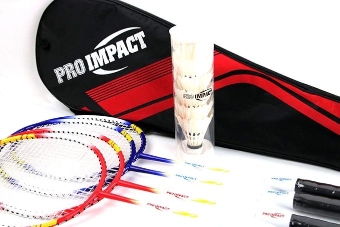 Pro Impact Badminton Racket Set - Lightweight Aluminum Head Rackets with Steel Shaft, Feather Shuttlecocks, Durable Carrying Case - Perfect for Outdoor Games, Adults, Kids, and Family Fun