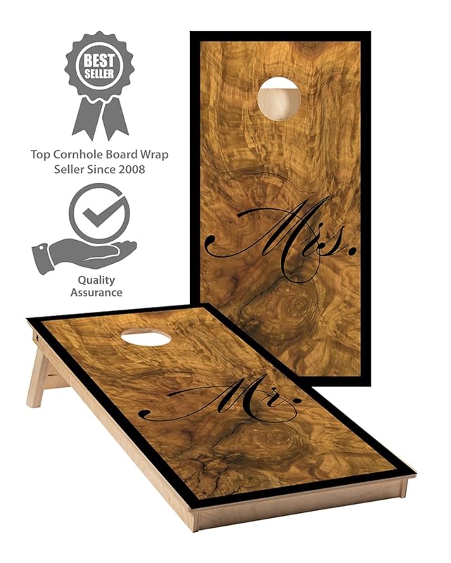 Cornhole Board Wraps 529 - Mr. & Mrs. Wood Wedding Cornhole Game Graphic Decals - Includes Application Squeegee - Set of (2) 25" x 49" Wraps with Gloss Laminate