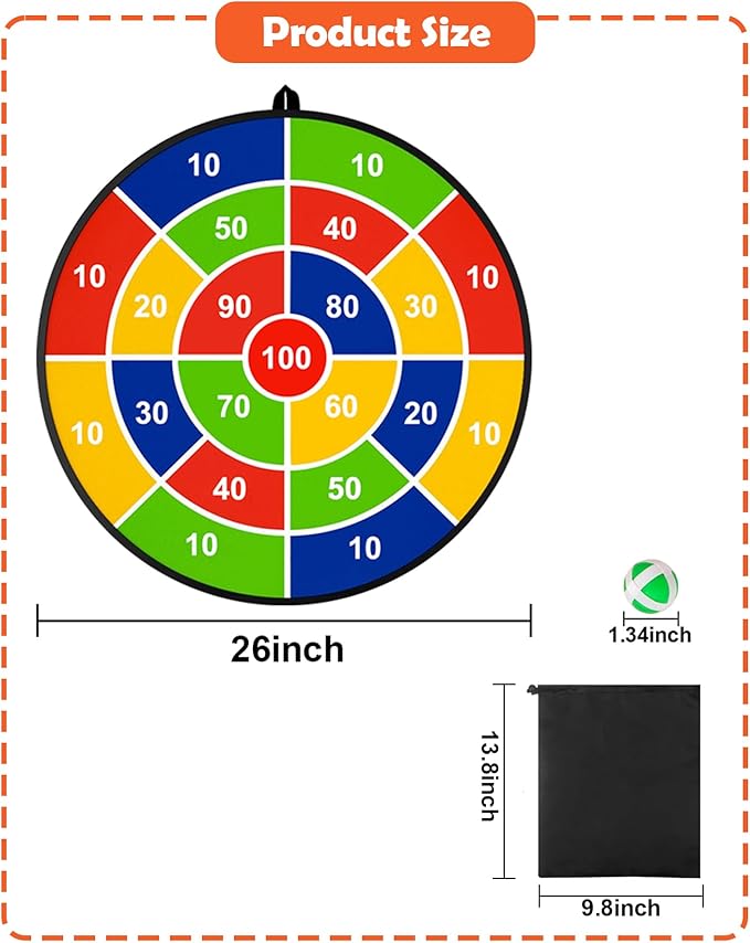 Kids Dart Board 26" Large with 20 Sticky Balls, Foldable Double-Sided Indoor Outdoor Sport Party Play Game Toys, Birthday Gift for Boys and Girls Ages 4 5 6 7 8 9 10 11 12