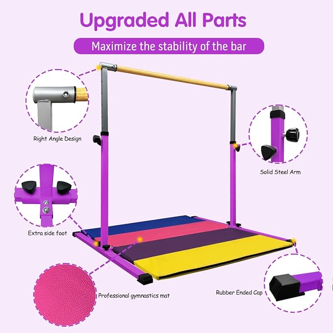 XDEMODA The Latest Model Gymnastics Bar for Kids Ages 3-15 for Home, Anti-Slip, Easy to Assemble, 35” to 55” Adjustable Height Gymnastic Horizontal Bars Equipment
