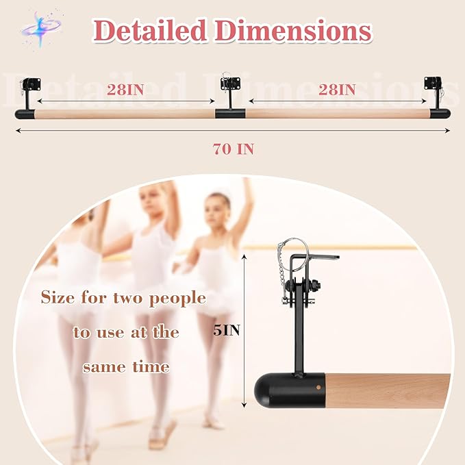 Ballet Barre Wall Mounted, Adjustable Wood Ballet Bar, 6ft Ballet Barre for 2 people, Traditional Wooden Ballet Barre System for Home Barre Workout Equipment, Height Adjustable, for Kids and Adults