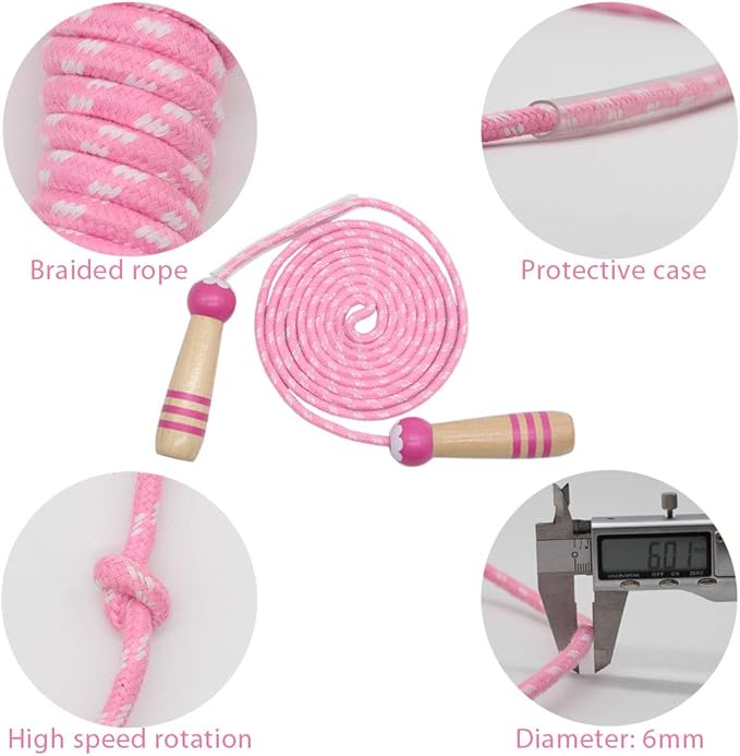 Jump Rope Kids, 7ft Adjustable Cotton Skipping Rope with Wooden Handle for Boys and Girls Fitness Outdoor Exercise