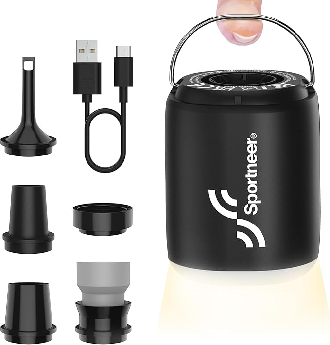 Sportneer Mini Air Pump: 1600mAh Rechargeable Air Pump for Inflatables with Hook, Magnetic and Light Function, Air Mattress Pump for Pool Floats, Sleeping Pads, Swimming Ring, Vacuum Storage Bags