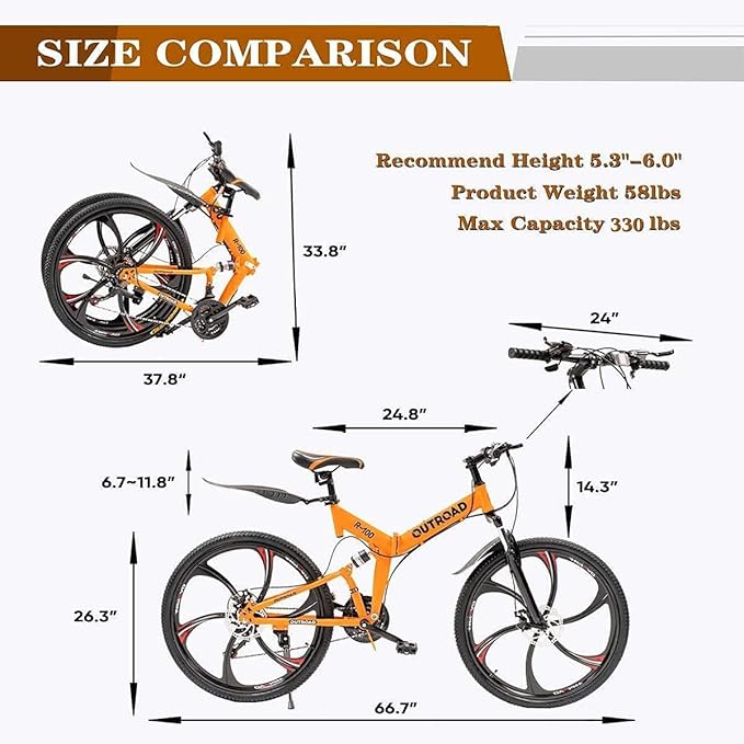 26 ich Folding Mountain Bike, 21 Speed High Carbon Steel Mountain Bike for Adults with 26 Inches Durable Tires, Front Suspension Folding Bicycle for Women and Man