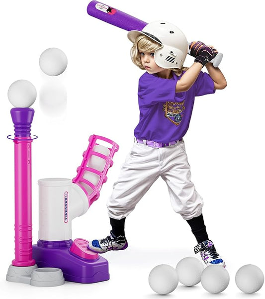 Tball Set for Toddlers 3-5, Tee Ball Set with Step on Pitching Machine/Adjustable Batting Tee/Retractable Baseball Bat/8 Pop Up Balls, Outdoor Sport Toy Games for Kids Girls