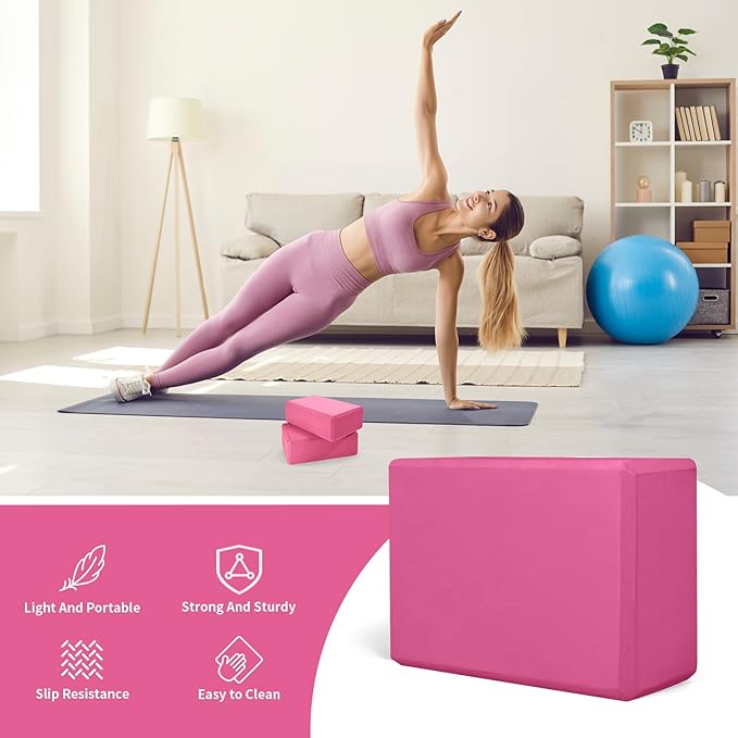 Yoga Block 2 Pack 9"x6"x3", Sturdy Yoga Foam Blocks, High Density & Non Slip Surface for Pilates & Stretching, Fitness Accessories for Stability & Balance