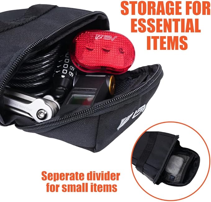 BV Strap-On Bike Bag with Reflective Material - Capacious Saddle Bag with Seperate Divider for Small Items & Room for All Your Essentials - Bike Pouch with Taillight Hanger for Maximum Safety