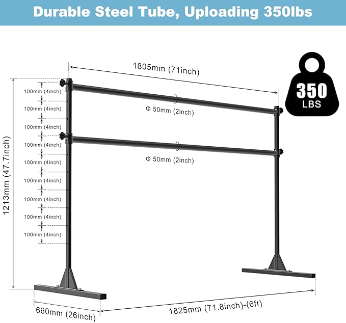 4FT/5FT/6FT Freestanding Ballet Barre 10 Height Adjustable from 11 to 47 inch Ballet Bar 350 lbs Capacity Portable Double Dance Bar for Home Workout and Stretch
