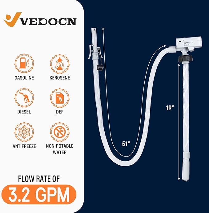 Automatic Fuel Transfer Pump with Auto-Stop, 51'' Extra Long Hose, 3.2 Gallon per Min, Fast and Safe Portable Gas Can Pump for Oil,Battery or USB Powered, 4 Can Adapters,Diesel,Gasoline (Gray)