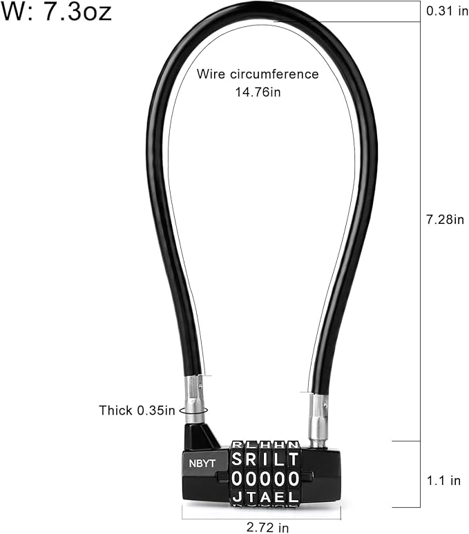 5-Word Resettable Combination Lock, Letter Lock- Home Security Padlock with 8mm Anti-Theft Cable for Garden Gates, Glass Doors, Pool, Refrigerator,Bikes, Gates, Storage (15''(Locking Span 7''))
