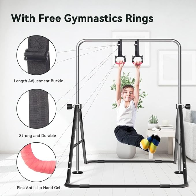 FBSPORT Gymnastics Bar for Kids, Adjustable Height Gymnastic Horizontal Bars,Junior Training Bar Children Folding Training Monkey Bars for Home Using
