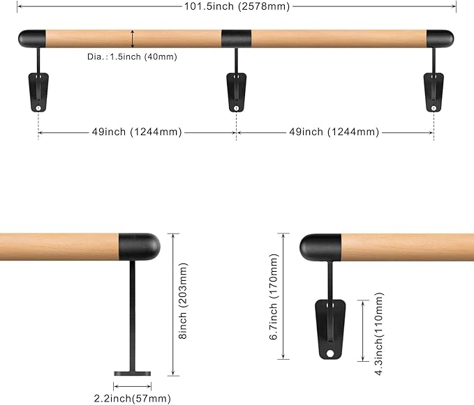 SELEWARE 4-12 ft Long Wood Ballet Barre Wall Mount Barre System for Home or Studio Barre Movements Body Stretch 1.5 inch Dia