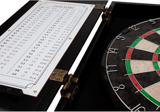 GSE Games & Sports Expert Professional Solid Wood Classic Dartboard Cabinet with Sisal/Bristle Dartboard, Scoreboard, and 6 Steel Tip Darts, Easy Assembly Complete with All Accessories (Black)