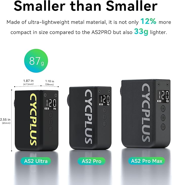 CYCPLUS AS2 Ultra Tiny Bicycle Pump with Gauge, Max 120 PSI Electric Mini Pump, Auto Stop, with Presta and Schrader Valve for E-Bike, MTB, and Road Bike AS2 Ultra (3.06oz)