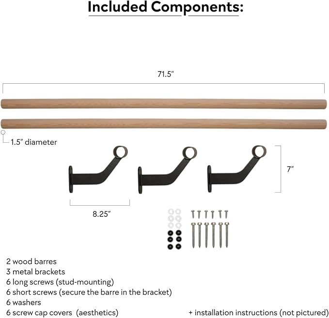 Wall-Mounted Ballet Barre for Home Dance, Exercise, Fitness, Stretching - Made in USA