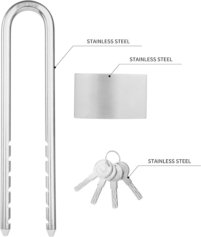 All Weather Stainless Steel Bike U Lock, Outdoor Pad Lock with 4 Keys, 2.76 in. (70mm) Wide, Adjustabl Shackle Marine Lock for Bikes, Boats, Gates, Cabinet, Scooters, etc.