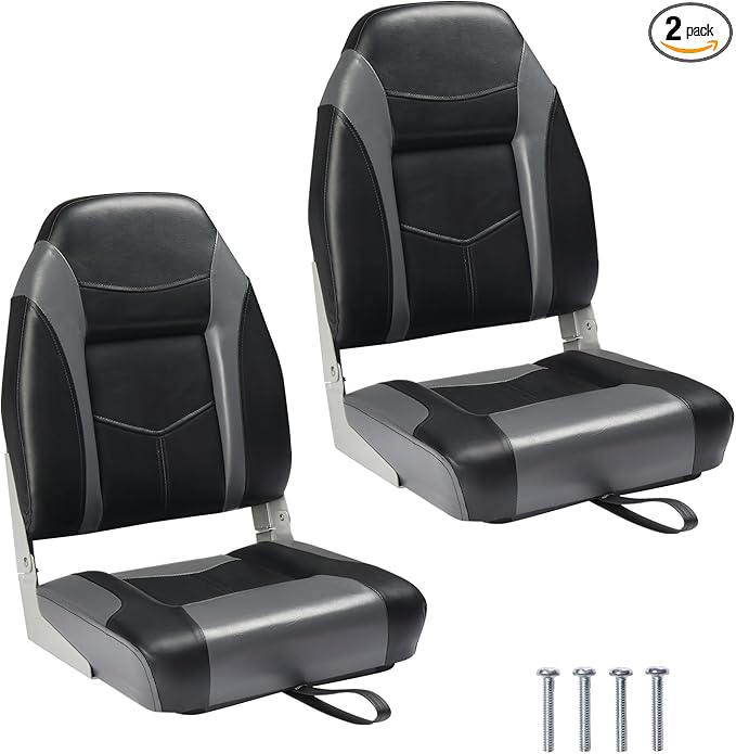 PEXMOR Boat Seats Low/High Back, Folding Boat Seat Included, Fold-Down Fishing Boat Seats Waterproof Captain Boat Seat w/Aluminum Hinges & Thick Soft Cushion, 2 Packs (High Back-Grey & Black)