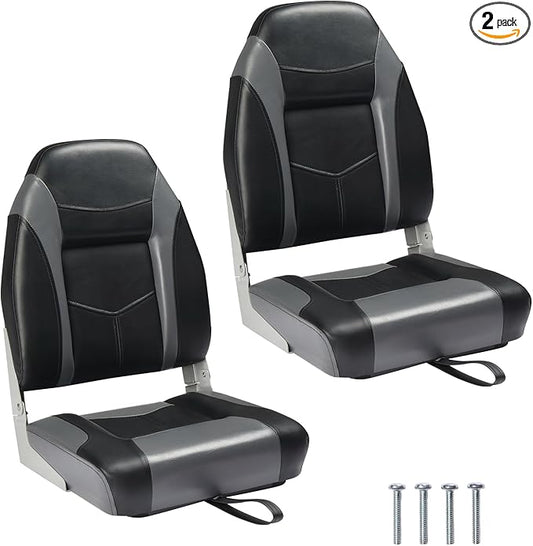 PEXMOR Boat Seats Low/High Back, Folding Boat Seat Included, Fold-Down Fishing Boat Seats Waterproof Captain Boat Seat w/Aluminum Hinges & Thick Soft Cushion, 2 Packs (High Back-Grey & Black)