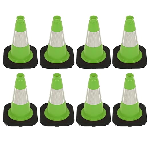 8 Pack 12” Green Traffic Safety Cones – Black Base Cones with 4” Reflective Collars – Stable PVC Road Cones for Parking, Construction, and Public Safety Use(12 inch-8Pack)