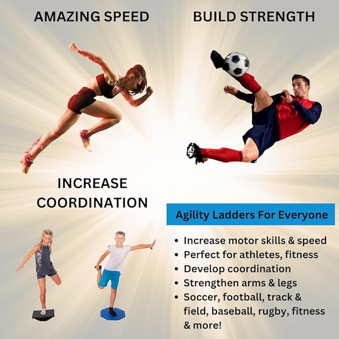 DELUXE EDITION Agility Ladder Training Set - 13 Rung 21ft Agility Ladder w/13 Disc Cones, Carry Bag - Improve Speed & Strength Soccer, Football, Basketball w/4 Steel Pegs for Outdoor Workout Charts
