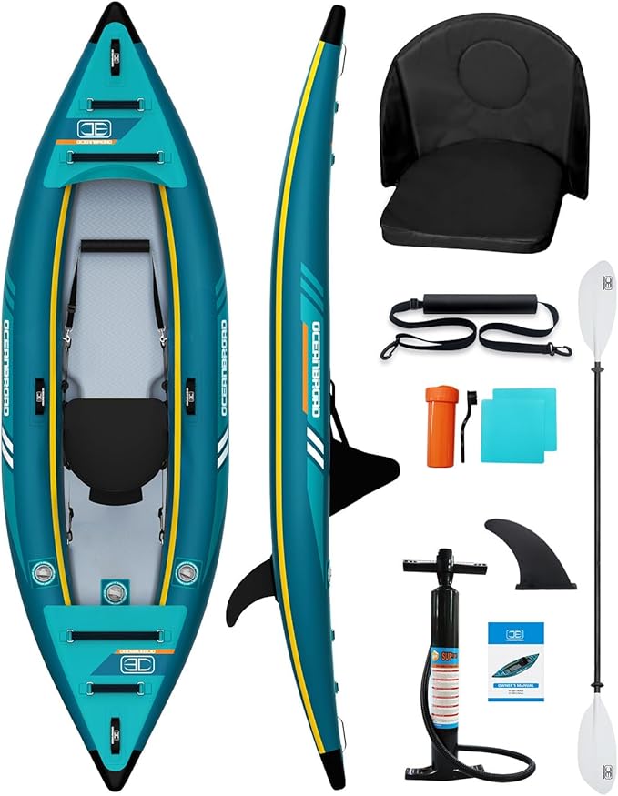 OCEANBROAD Inflatable Sit-in Kayak, 1 Person/2 Person Blow Up Kayak for Adults with Paddle, Kayak Seat, Pedal, Hand Pump and Bag, Blue/Sky Blue