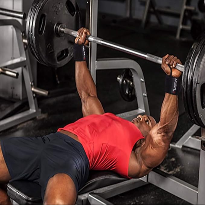 Hustle Athletics Wrist Wraps for Weightlifting, USPA-Approved Wrist Support Weight Lifting Wraps, Premium Hook-and-Loop, 12 in or 18 in Heavy-Duty Cotton-Elastic Support for Powerlifting & Bench Press