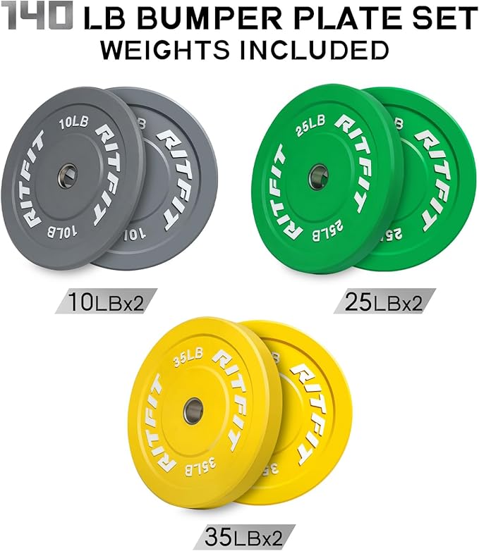 RitFit Color Coded Olympic Bumper Plate for Barbell - 2-Inch Weight Plates With Steel Insert, Rubber Weights for Strength Training in Home Gym