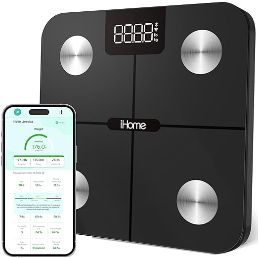 iHome Digital WiFi Smart Scale for Body Weight, Weight Scale, Including BMI, Body Fat, Muscle Mass, Batteries Included (Black Smart WiFi)
