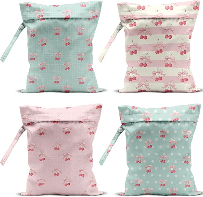 4 Pack Cute Stripe Bow Cherry Wet Bag Waterproof Washable Reusable Wet Dry Bag for Swimsuit Dirty Clothes Soiled Items Cloth Diaper Travel Beach Pool Yoga Gym Toiletries Travel Essentials