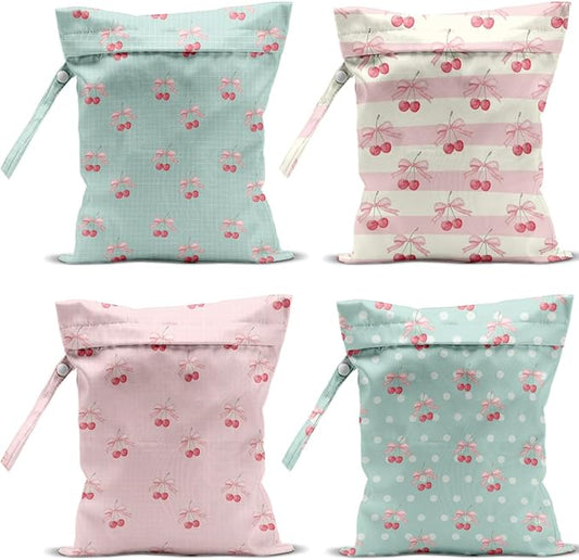 4 Pack Cute Stripe Bow Cherry Wet Bag Waterproof Washable Reusable Wet Dry Bag for Swimsuit Dirty Clothes Soiled Items Cloth Diaper Travel Beach Pool Yoga Gym Toiletries Travel Essentials