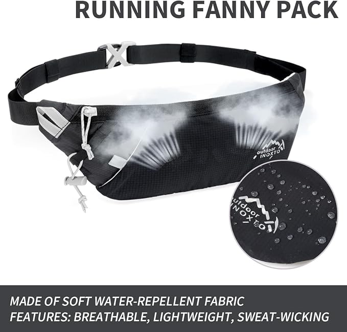 INOXTO Slim Running Belt Fanny Pack for Women and Men Sports Waist Bag Pack with 300ml Water Bottle for Running Walking Cycling Hiking Reflective Running Pouch Belt for All Phones (Black)