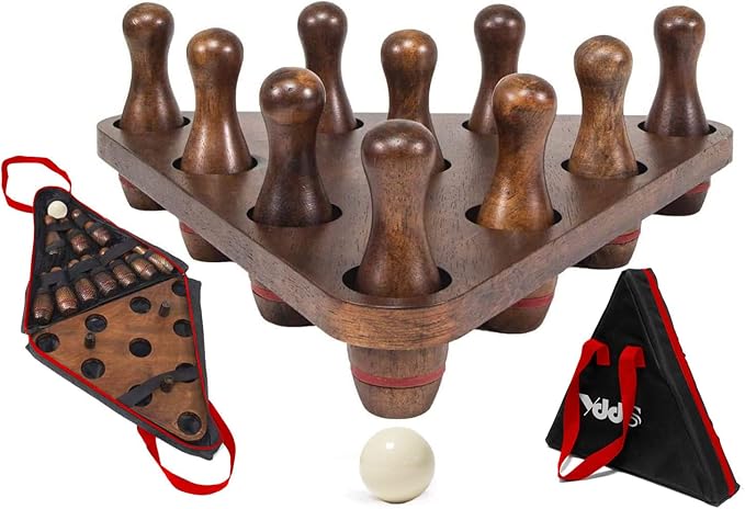 Shuffleboard Bowling Pin Set with 10 Pcs Premium Hardwood Bowling Pins Durabel Triangular Pinsetter Resin Bowling Ball and Carrying Bag, Fun for Shuffleboard Games