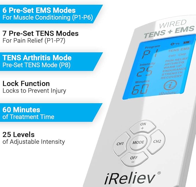 FDA Cleared iReliev TENS Unit + EMS 14 Therapy Modes, Premium Pain Relief and Recovery System, Rechargeable, Large Back Lit Display, 12 Electrodes & Case