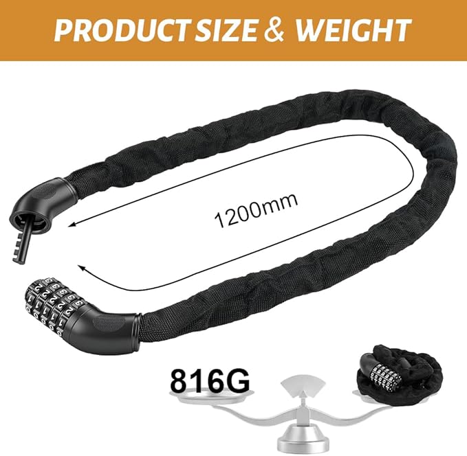 Bike Lock, 2.62/3.28/4ft Long Heavy Duty Anti Theft Bike Chain Lock, 5 Digit Combination High Security Resettable Keyless Bicycle Locks for Bike, Motorcycle, Scooter, Gate, 6mm Thick, Black