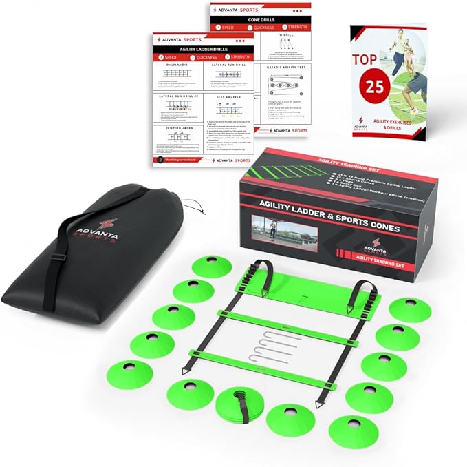 DELUXE EDITION Agility Ladder Training Set - 13 Rung 21ft Agility Ladder w/13 Disc Cones, Carry Bag - Improve Speed & Strength Soccer, Football, Basketball w/4 Steel Pegs for Outdoor Workout Charts
