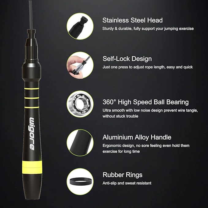 Jump Rope Fitness, Wigore High Speed Jump Rope for Men and Women exercise,360 Degree Spin, Silicone Grip with 2 Speed Rope Cables for Home Workout, Color Black