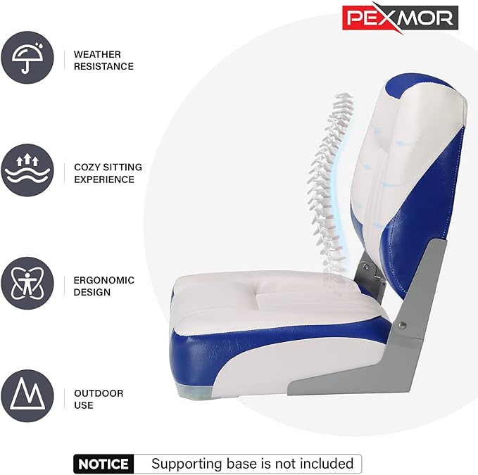 PEXMOR Boat Seats Low/High Back, Folding Boat Seat Included, Fold-Down Fishing Boat Seats Waterproof Captain Boat Seat w/Aluminum Hinges & Thick Soft Cushion, 2 Packs (Low Back-Blue & White)