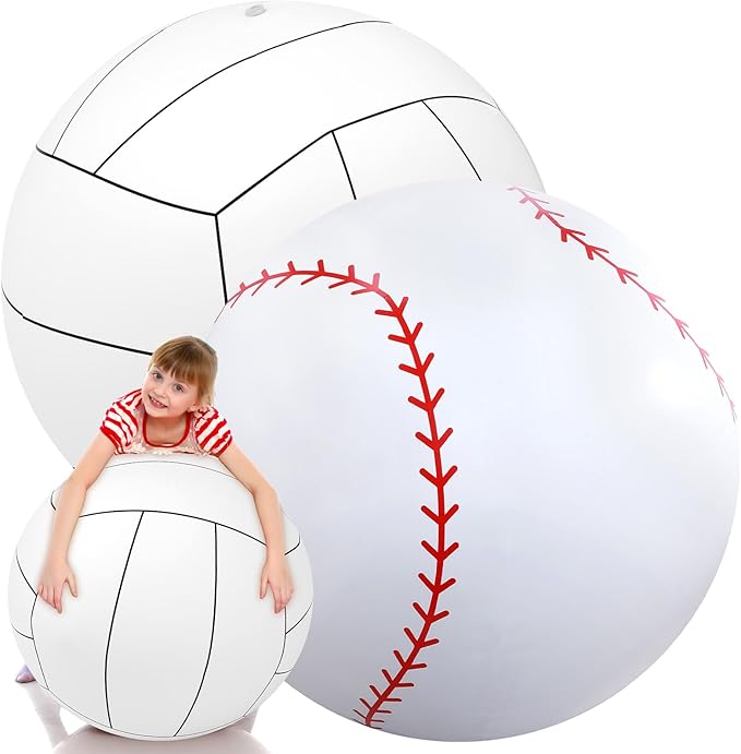 Lewtemi Giant Inflatable Sports Balls Large Inflatable Beach Ball Baseballs Soccer Rainbow Basketball Football for Sport Birthday Party Favor(2 Pcs,Baseball, Volleyball,27 Inch)
