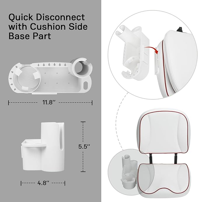 Folding Boat Seat Low Back Fishing Boat Seats with Caddy Organizer, White/White/Red