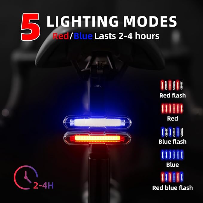 Canway Bicycle Rear Light Red/Blue, Bike Tail Light Rechargeable 168 Lumens Bike Tail Light Battery USB C 500mah Turn Signals 5 Modes Waterproof Safety for Road Mountain Night Riding