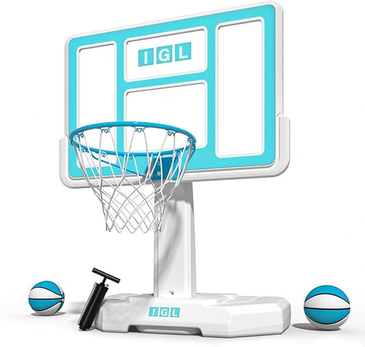 IGL DunkSplash Elite Pool Basketball Hoop, Swimming Pool Basketball Hoop Poolside with PC Backboard, Stainless Steel Rim, Water Storage Base & Stand with 2 Balls & Pump